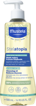 Mustela Stelatopia olejek myjący 500ml w kremowej butelce z białą pompką, widok z przodu. Dla skóry atopowej.