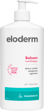 Eloderm Balsam nawilżający z Omega 3-6-9 PLUS, biała butelka z pompką, widok z przodu.