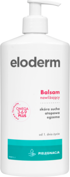 Eloderm Balsam nawilżający z Omega 3-6-9 PLUS, biała butelka z pompką, widok z przodu.