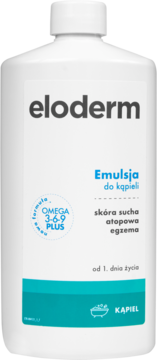 Biała butelka Eloderm Emulsja do kąpieli dla skóry atopowej, z kompleksem Omega 3-6-9 PLUS, widok z przodu.