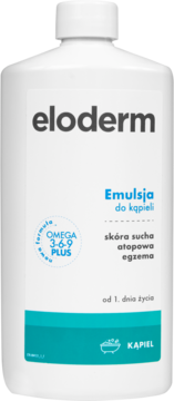 Biała butelka Eloderm Emulsja do kąpieli dla skóry atopowej, z kompleksem Omega 3-6-9 PLUS, widok z przodu.