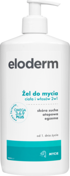 Biała butelka Eloderm Żel do mycia z pompką, widok z przodu, dla skóry suchej i atopowej, z formułą Omega.