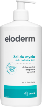 Biała butelka Eloderm Żel do mycia z pompką, widok z przodu, dla skóry suchej i atopowej, z formułą Omega.