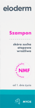 Eloderm Szampon w białym opakowaniu, widok z przodu, dla skóry suchej, wrażliwej, z NMF, od 1. dnia życia.