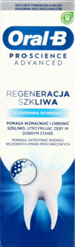 Oral-B Pro-Science Advanced Regeneracja Szkliwa, biało-niebieskie pudełko pasty do zębów z ilustracją wzmocnienia szkliwa.
