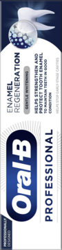 Opakowanie pasty Oral-B Professional Enamel Regeneration, biało-niebieskie, widok z przodu. Podkreśla regenerację szkliwa i zębów.