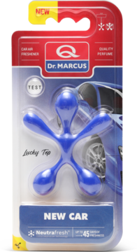Dr. Marcus Lucky Top odświeżacz powietrza New Car, niebieski, pięcioramienny kształt w blistrze.