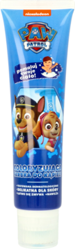 Niebieska tubka farbki do kąpieli Paw Patrol 2w1 z Chasem i Skye, testowana dermatologicznie, widok z przodu.