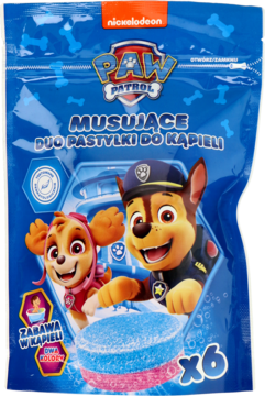 Niebieska torebka Paw Patrol: Musujące Duo Pastylki do Kąpieli, z Chase'em, Skye i pastylkami.
