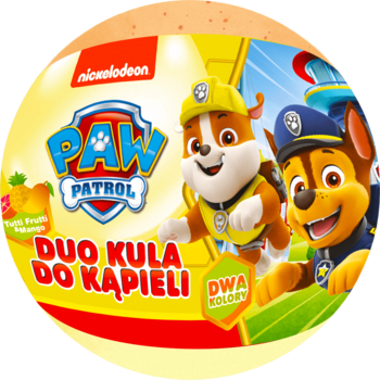 Okrągła żółto-pomarańczowa kula Paw Patrol do kąpieli, z Rubble i Chasem, zapach Tutti Frutti.