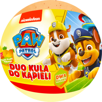 Okrągła żółto-pomarańczowa kula Paw Patrol do kąpieli, z Rubble i Chasem, zapach Tutti Frutti.