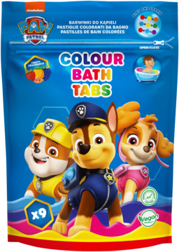 Niebieska saszetka Paw Patrol Colour Bath Tabs z Chase'em, Rubble'em, Skye; 9 wegańskich tabletek do kąpieli.