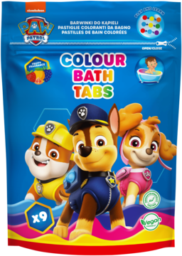 Niebieska saszetka Paw Patrol Colour Bath Tabs z Chase'em, Rubble'em, Skye; 9 wegańskich tabletek do kąpieli.