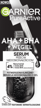 Garnier PureActive Serum AHA+BHA+Węgiel. Czarne opakowanie z białym tekstem, widoczny aplikator pipety.