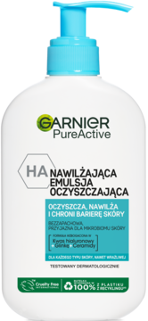 Biała butelka Garnier PureActive HA Emulsja Oczyszczająca z niebieską pompką, nawilża i chroni skórę.