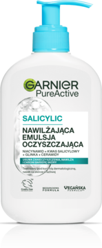 Biała butelka Garnier Pure Active Salicylic Nawilżająca Emulsja Oczyszczająca z niebieską pompką, widok z przodu.