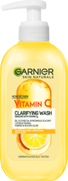Garnier Vitamin C Clarifying Wash, żel do mycia twarzy, w żółtej butelce z pompką, widok z przodu.