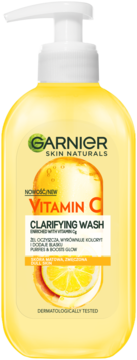 Garnier Vitamin C Clarifying Wash, żółta butelka z białą pompką, żel do mycia twarzy z witaminą Cg, widok z przodu.