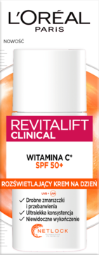L'Oréal Paris Revitalift Clinical Witamina C SPF 50+ rozświetlający krem na dzień, biała tuba z różowym pasem.