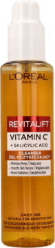 L'Oréal Revitalift Vitamin C + Salicylic Acid Cleanser w przezroczystej butelce z białym dozownikiem, widok z przodu.