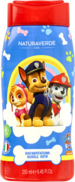 Płyn do kąpieli Naturverde Kids 250 ml, niebieska butelka z postaciami Psi Patrol: Chase, Skye, Marshall.