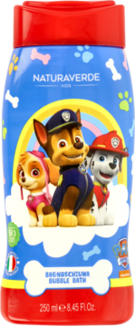 Płyn do kąpieli Naturverde Kids 250 ml, niebieska butelka z postaciami Psi Patrol: Chase, Skye, Marshall.