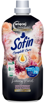 Sofin Complete Care Luxury Pearl skoncentrowany płyn do płukania, czarna butelka z różowymi kwiatami, widok z przodu.