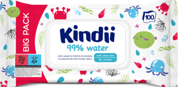Kindii 99% water chusteczki nawilżane z aloesem, 100 sztuk, białe opakowanie, motyw morski, widok z przodu.