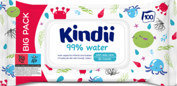 Kindii 99% water chusteczki nawilżane z aloesem, 100 sztuk, białe opakowanie, motyw morski, widok z przodu.