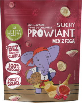 Czerwona torebka Helpa Suchy Prowiant Mix z Figą, liofilizowane owoce, z pirackim słoniem.