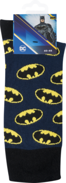 Męskie skarpety Batman, ciemnoniebieskie z żółtymi logotypami Batmana, w opakowaniu z postacią, rozmiar 40-45.