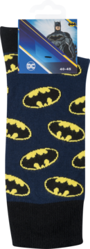 Męskie skarpety Batman, ciemnoniebieskie z żółtymi logotypami Batmana, w opakowaniu z postacią, rozmiar 40-45.