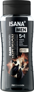 Ciemnoszary żel pod prysznic Isana Men Dark Infusion 5in1, z ekstraktem z czarnego pieprzu, widok z przodu.