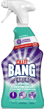Cillit Bang Expert Czystość i Dezynfekcja, turkusowo-fioletowy spray do dezynfekcji, 99.9% bakterii, widok frontalny.