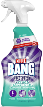 Cillit Bang Expert Czystość i Dezynfekcja, turkusowo-fioletowy spray do dezynfekcji, 99.9% bakterii, widok frontalny.