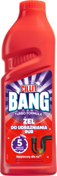 Czerwona butelka Cillit Bang żel do udrażniania rur, widok z przodu, z napisem Turbo Formuła i ikoną 5 minut.