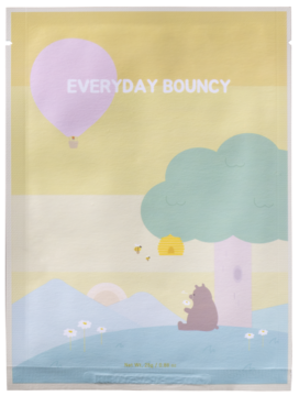 Maska w płachcie Everyday Bouncy, pastelowe opakowanie z misiem i balonem na tle natury. Nawilża i odżywia skórę.