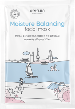 Biała saszetka maski Cettua Moisture Balancing z niebiesko-różową ilustracją rzeki Hangang, widok z przodu.