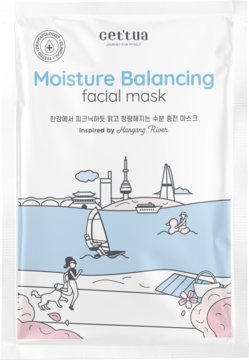 Biała saszetka maski Cettua Moisture Balancing z niebiesko-różową ilustracją rzeki Hangang, widok z przodu.