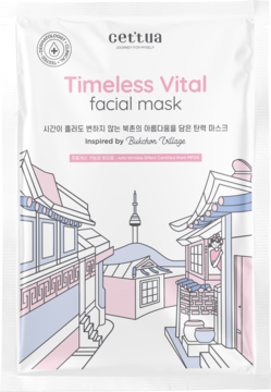 Maska Cettua Timeless Vital facial mask w białej saszetce, z różowo-niebieską grafiką tradycyjnych hanok, widok przodem.