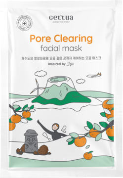 Biała saszetka Cettua Pore Clearing facial mask z ilustracją góry Jeju, wiatraka i pomarańczy, widok z przodu.