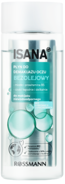 Isana płyn do demakijażu oczu bezolejowy z micelami i B5, butelka z białą nakrętką, srebrno-turkusowa etykieta, widok z przodu.