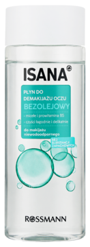 Isana Płyn do demakijażu oczu bezolejowy w przezroczystej butelce z turkusową etykietą, widok z przodu.