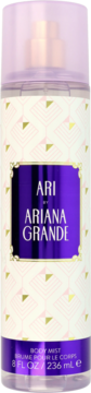 Mgiełka do ciała Ariana Grande Ari w przezroczystej butelce z fioletowym kapturem i etykietą, widok z przodu.