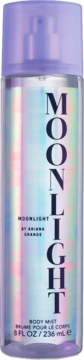 Ariana Grande Moonlight Body Mist w iridescentnej butelce z fioletową zakrętką, widok z przodu, pionowy napis.