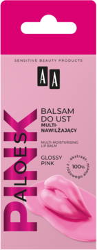 Różowe opakowanie balsamu AA Aloes Pink Multi-Nawilżający Glossy Pink, z błyszczącymi ustami, widok z przodu.