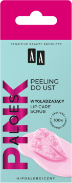 Różowy peeling do ust AA Aloes Pink w jasnoniebieskim pudełku, z grafiką ust i opisem "Lip Care Scrub".