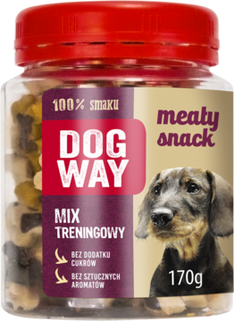 Przezroczysty słój DogWay Mix Treningowy, mięsnych przysmaków dla psa, z czerwoną nakrętką i etykietą 170g.