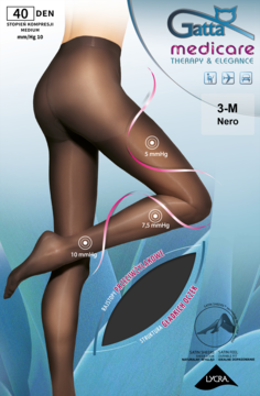 Front opakowania rajstop kompresyjnych Gatta Medicare 40 DEN w kolorze czarnym, z wizualizacją stopniowanego ucisku na nodze.