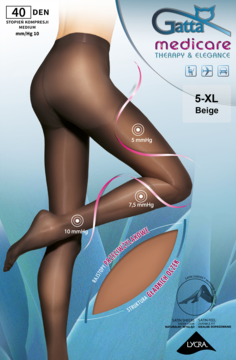 Beżowe rajstopy kompresyjne Gatta Medicare 40 DEN przeciwżylakowe, na nodze, z opakowaniem, widoczne strefy ucisku.